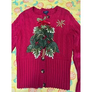 Christmas Womens Splendor‎ Holiday Cardigan Large Red 3D Holly Snowflake Sweater